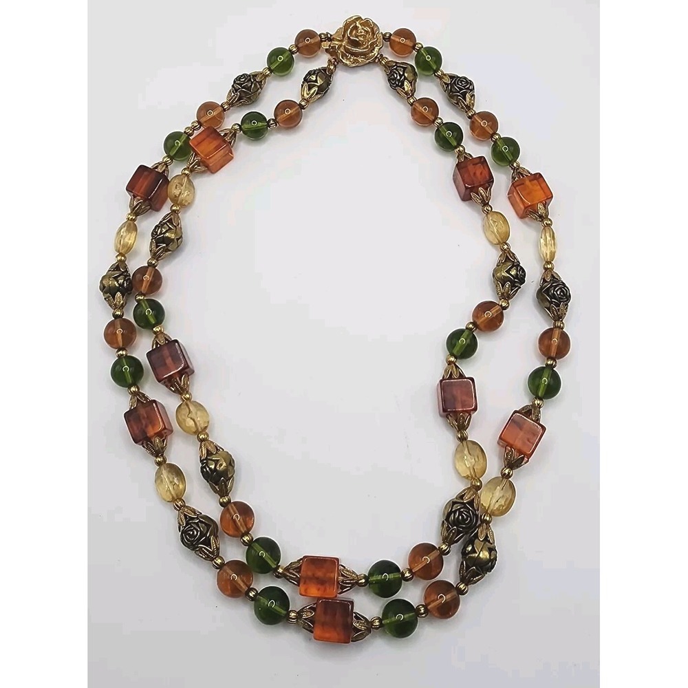 Vintage Retro Double Strand Choker Flower Gold Tone Olive Topaz Brown Bead Funky